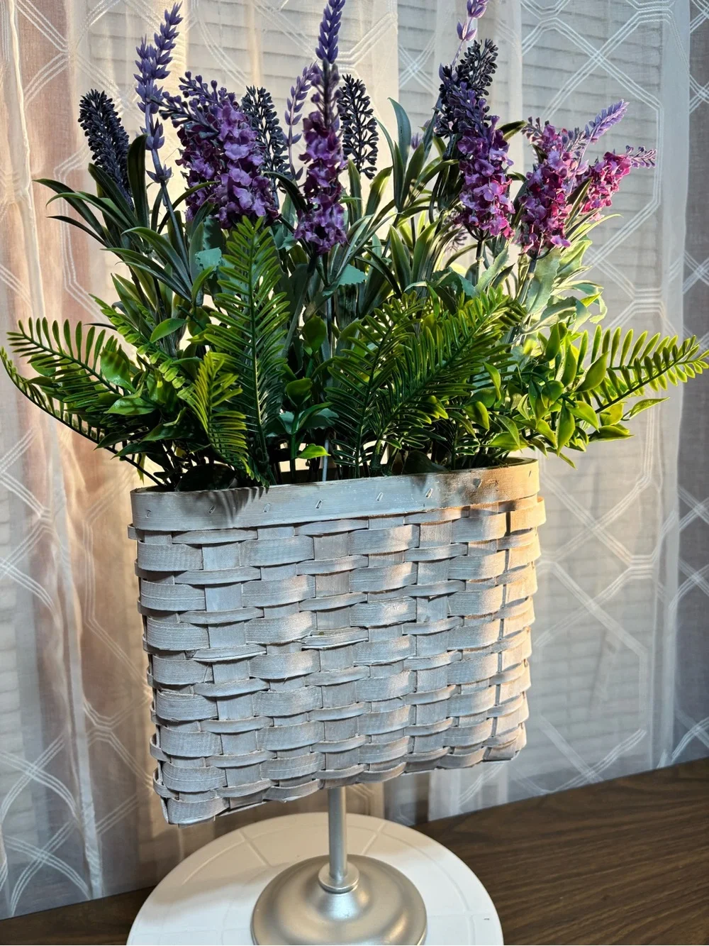 Decorative Lavender and Green Faux Floral Arrangement in White Woven Planter 18”